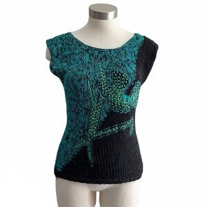 VTG 1980s Sweater Knit Jumper Sleeveless Green Black Sequins Sz. S